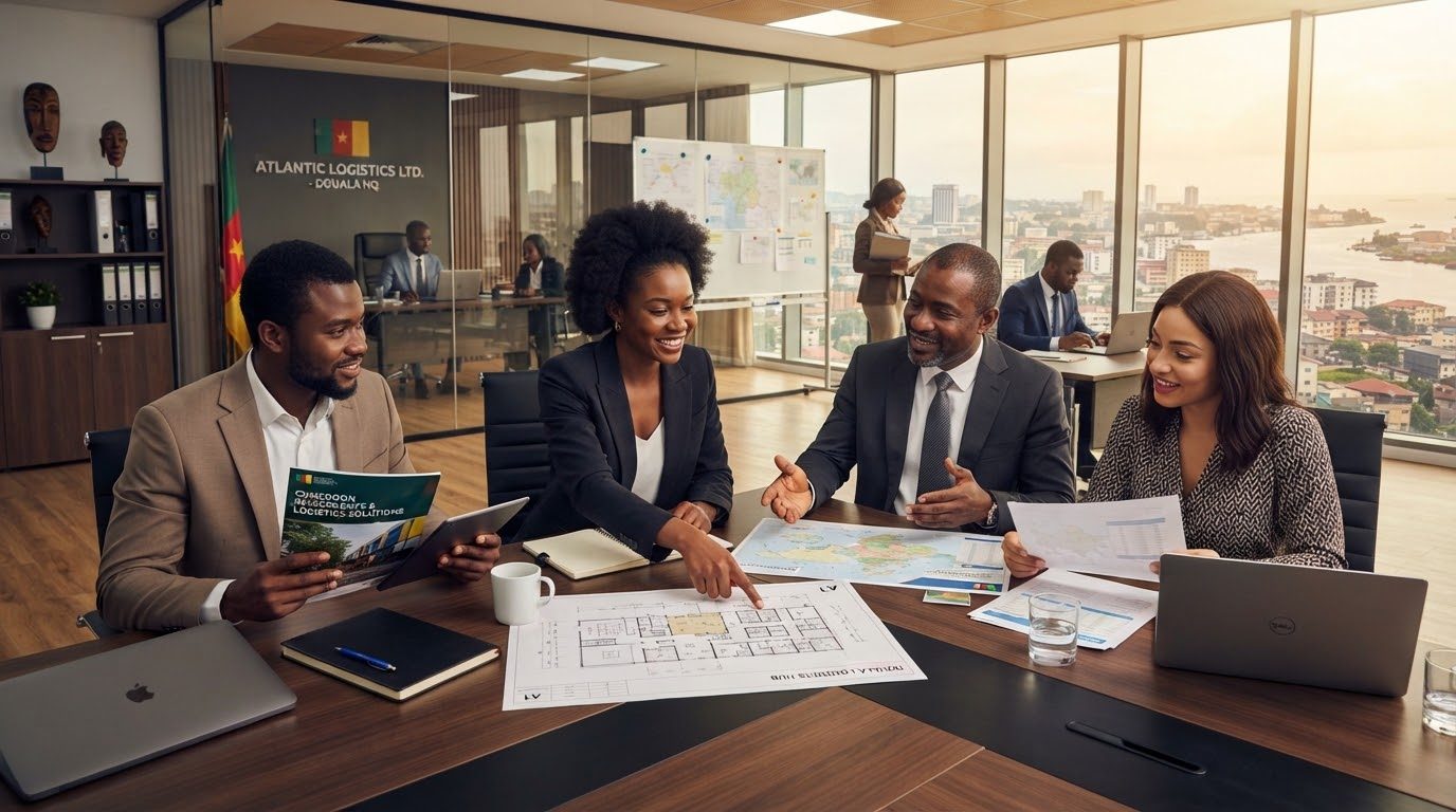 Équipe de direction et experts opérationnels de MANEL GROUP en réunion de planification à Douala
